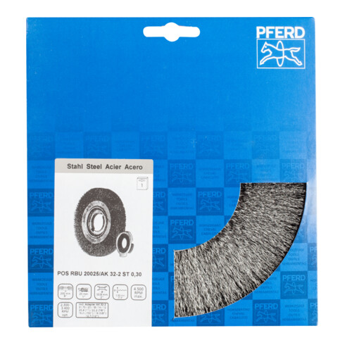 PFERD TOOLS POS Rundbürste breit ungezopft RBU Ø200x25xvariable Bohrung Stahl-Draht-Ø0,30 Schleifbock
