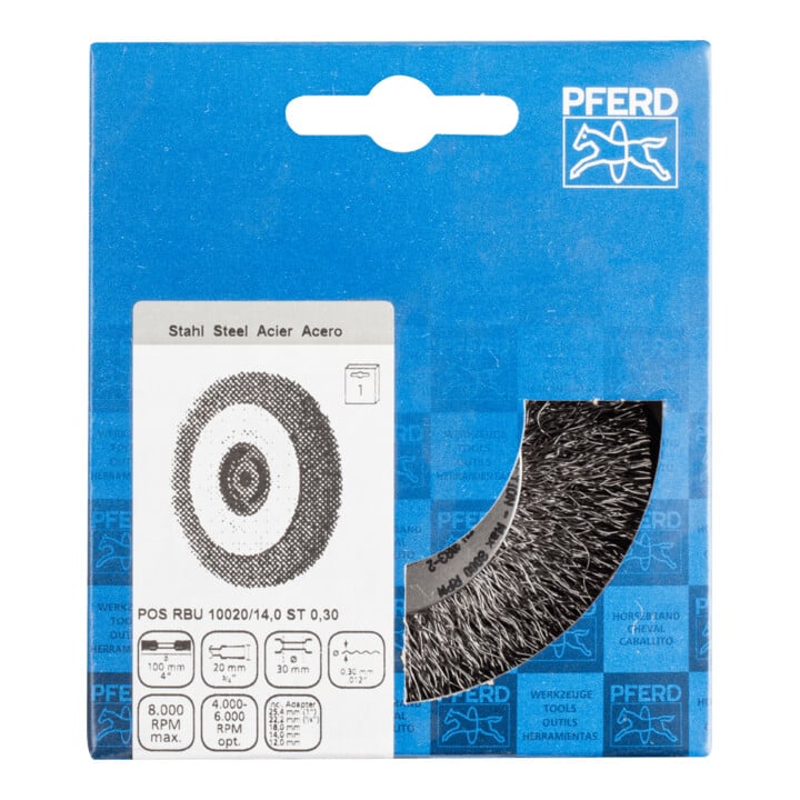 PFERD TOOLS POS Rundbürste breit ungezopft RBU Ø100x20xvariable Bohrung Stahl-Draht-Ø0,30 Schleifbock
