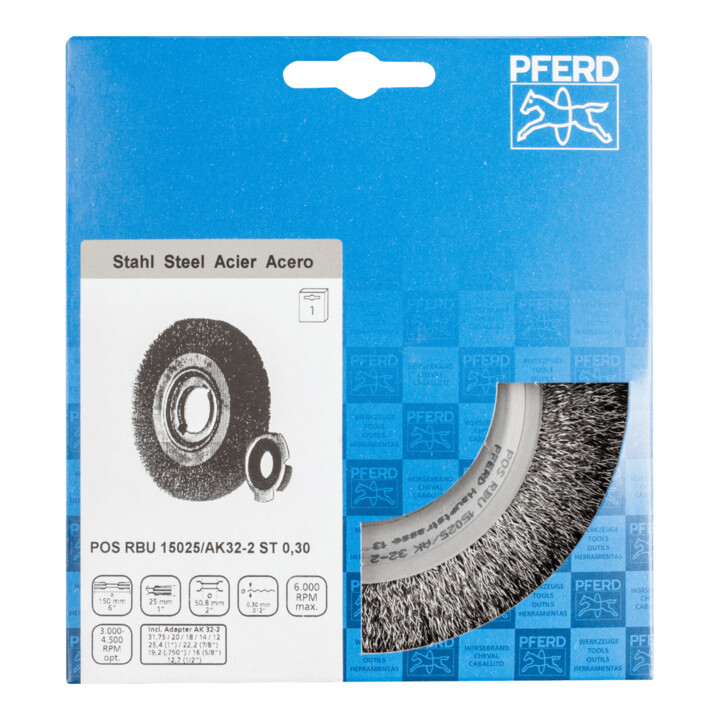 PFERD TOOLS POS Rundbürste breit ungezopft RBU Ø150x25xvariable Bohrung Stahl-Draht-Ø0,30 Schleifbock