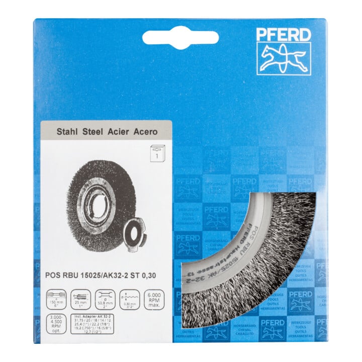 PFERD TOOLS POS Rundbürste breit ungezopft RBU Ø150x25xvariable Bohrung Stahl-Draht-Ø0,30 Schleifbock