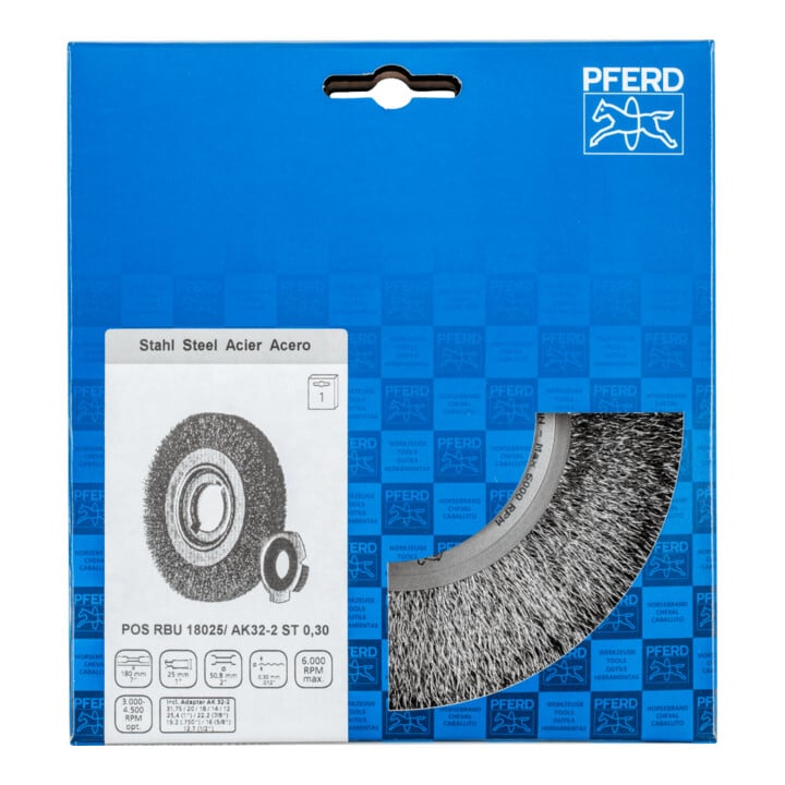 PFERD TOOLS POS Rundbürste breit ungezopft RBU Ø180x25xvariable Bohrung Stahl-Draht-Ø0,30 Schleifbock