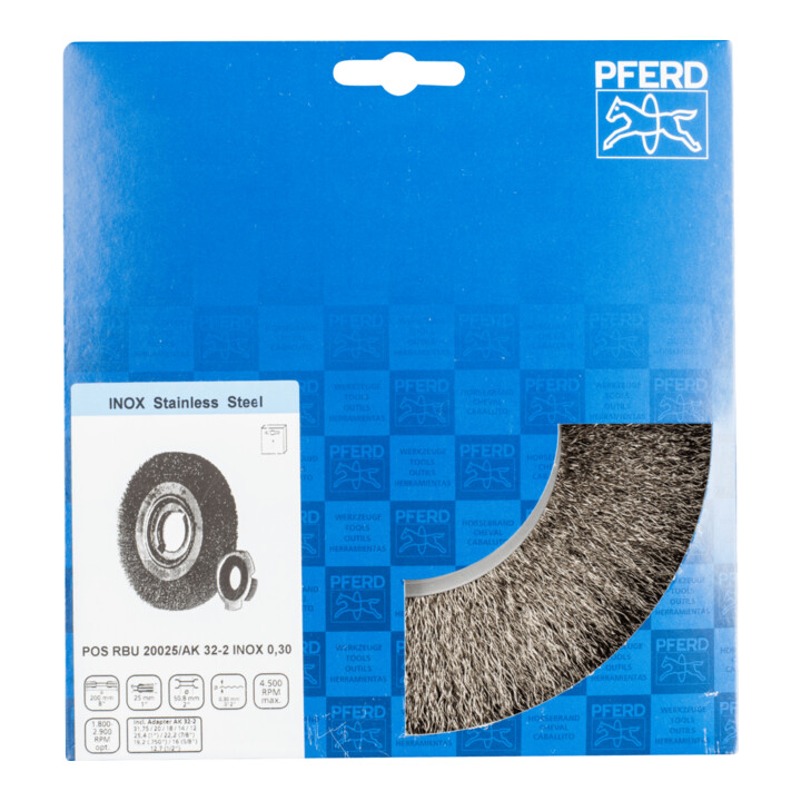 PFERD TOOLS POS Rundbürste breit ungezopft RBU Ø200x25xvariable Bohrung Edelstahl-Draht-Ø0,30 Schleifbock