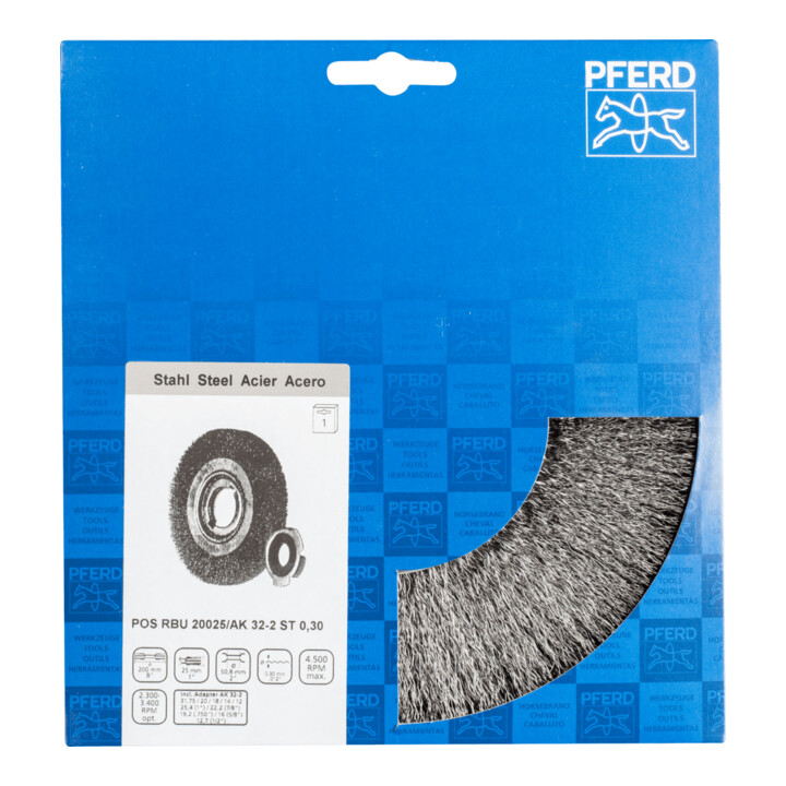 PFERD TOOLS POS Rundbürste breit ungezopft RBU Ø200x25xvariable Bohrung Stahl-Draht-Ø0,30 Schleifbock