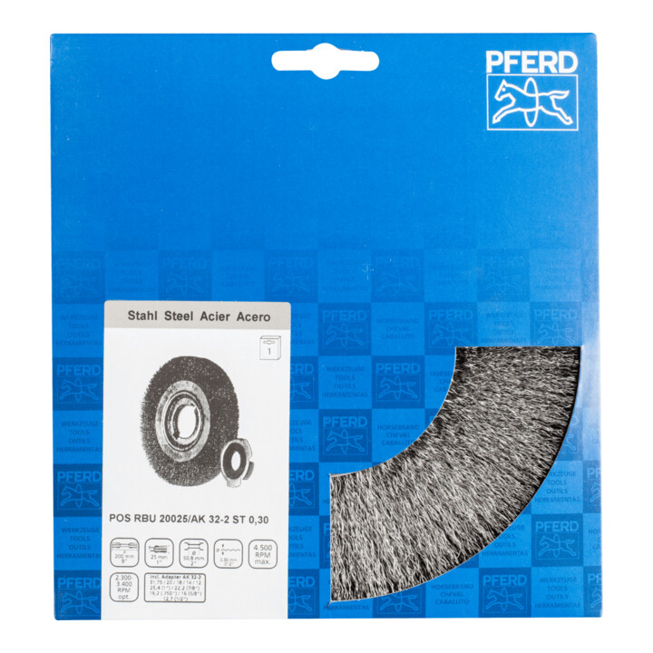 PFERD TOOLS POS Rundbürste breit ungezopft RBU Ø200x25xvariable Bohrung Stahl-Draht-Ø0,30 Schleifbock