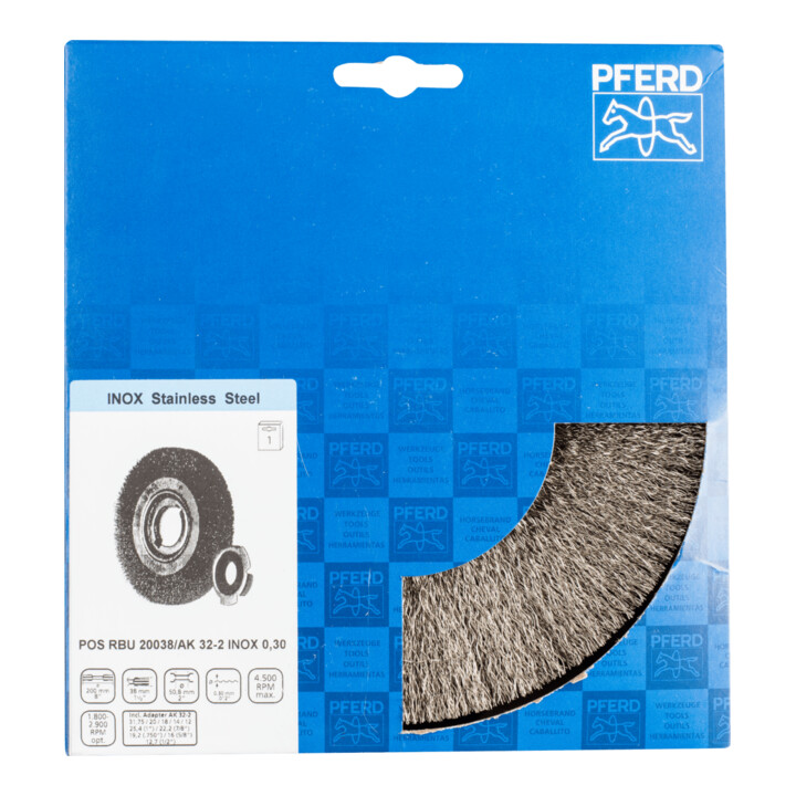 PFERD TOOLS POS Rundbürste breit ungezopft RBU Ø200x38xvariable Bohrung Edelstahl-Draht-Ø0,30 Schleifbock
