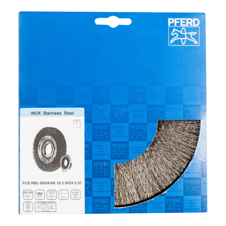 PFERD TOOLS POS Rundbürste breit ungezopft RBU Ø200x38xvariable Bohrung Edelstahl-Draht-Ø0,30 Schleifbock