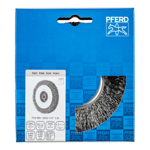 PFERD TOOLS Rundbürste breit ungezopft RBU Ø125x20xvariable Bohrung Stahl-Draht-Ø0,30 Schleifbock