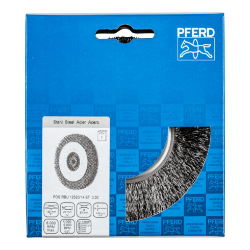 PFERD TOOLS Rundbürste breit ungezopft RBU Ø125x20xvariable Bohrung Stahl-Draht-Ø0,30 Schleifbock