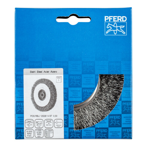 PFERD TOOLS Rundbürste breit ungezopft RBU Ø125x28xvariable Bohrung Stahl-Draht-Ø0,30 Schleifbock