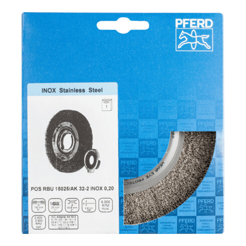 PFERD TOOLS Rundbürste breit ungezopft RBU Ø150x25xvariable Bohrung Edelstahl-Draht-Ø0,20 Schleifbock