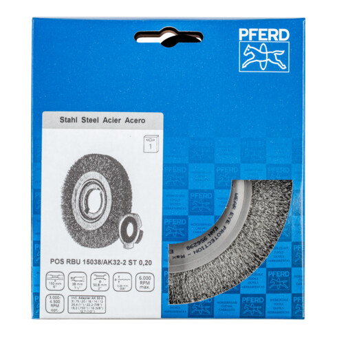 PFERD TOOLS Rundbürste breit ungezopft RBU Ø150x38xvariable Bohrung Stahl-Draht-Ø0,20 Schleifbock