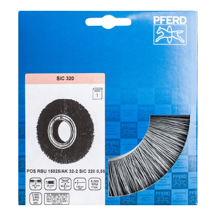 PFERD TOOLS Rundbürste breit ungezopft RBU Ø 150x25xvari. Bohr. SiC-Filament-Ø 0,55 mm Korn 320 Schleifbock