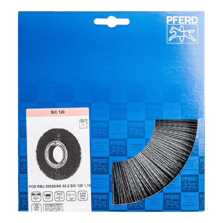PFERD TOOLS Rundbürste breit ungezopft RBU Ø 200x25xvari. Bohr. SiC-Filament-Ø 1,10mm Korn 120 Schleifbock