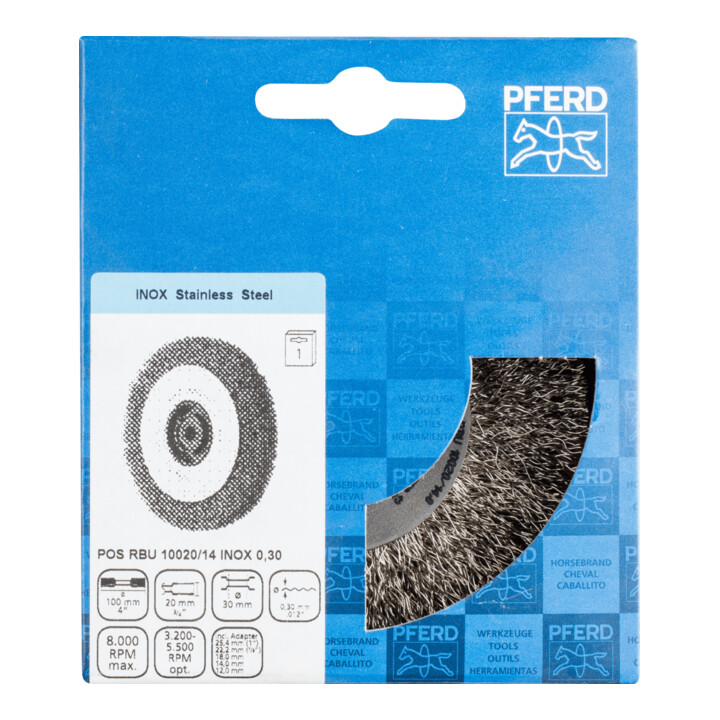 PFERD TOOLS Rundbürste breit ungezopft RBU Ø100x20xvariable Bohrung Edelstahl-Draht-Ø0,30 Schleifbock