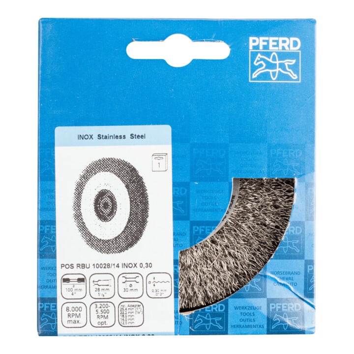 PFERD TOOLS Rundbürste breit ungezopft RBU Ø100x28xvariable Bohrung Edelstahl-Draht-Ø0,30 Schleifbock