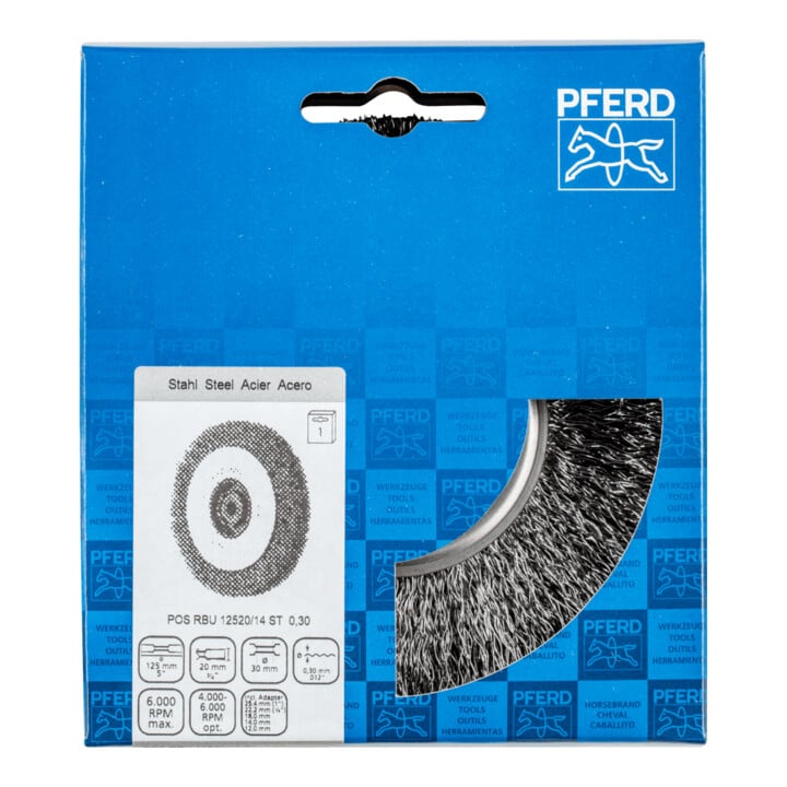 PFERD TOOLS Rundbürste breit ungezopft RBU Ø125x20xvariable Bohrung Stahl-Draht-Ø0,30 Schleifbock