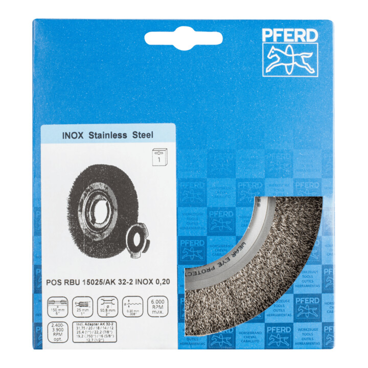 PFERD TOOLS Rundbürste breit ungezopft RBU Ø150x25xvariable Bohrung Edelstahl-Draht-Ø0,20 Schleifbock