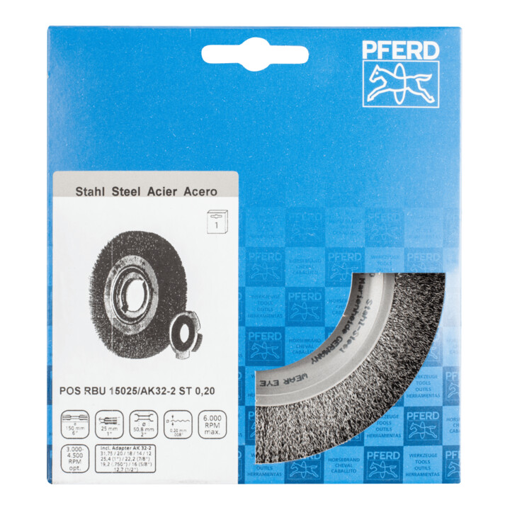 PFERD TOOLS Rundbürste breit ungezopft RBU Ø150x25xvariable Bohrung Stahl-Draht-Ø0,20 Schleifbock