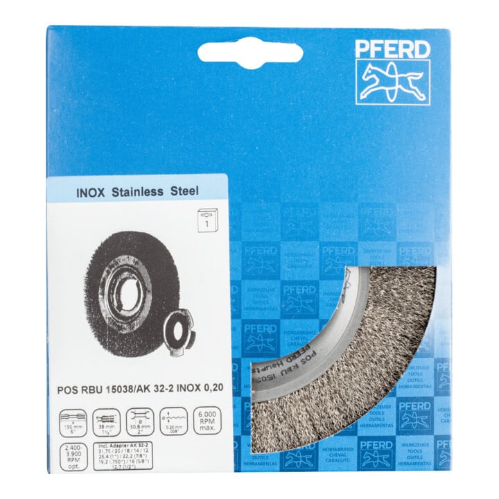 PFERD TOOLS Rundbürste breit ungezopft RBU Ø150x38xvariable Bohrung Edelstahl-Draht-Ø0,20 Schleifbock