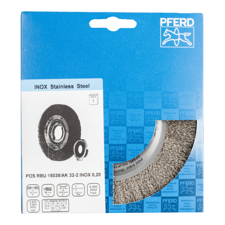 PFERD TOOLS Rundbürste breit ungezopft RBU Ø150x38xvariable Bohrung Edelstahl-Draht-Ø0,20 Schleifbock
