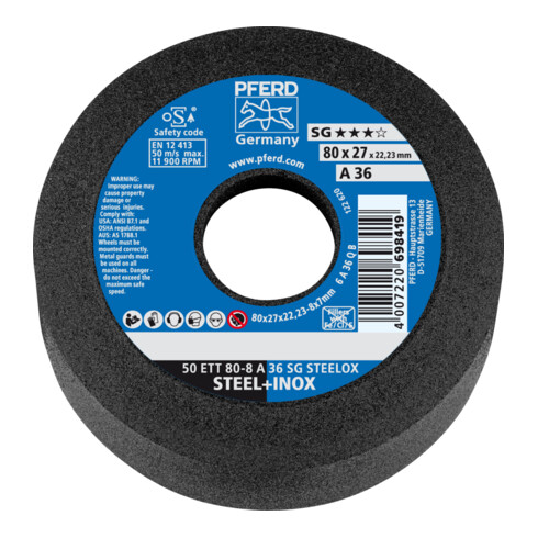 PFERD TOOLS Schleiftopf ETT 80x8x22,23 mm A36 Leistungslinie SG STEELOX für Stahl/Edelstahl