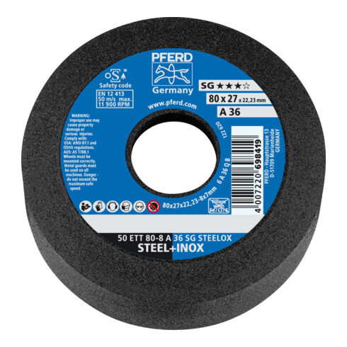 PFERD TOOLS Schleiftopf ETT 80x8x22,23 mm A36 Leistungslinie SG STEELOX für Stahl/Edelstahl