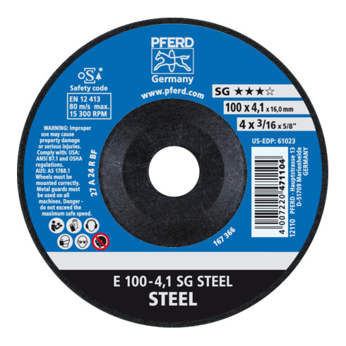 PFERD TOOLS Schruppscheibe E 100x4,1x16 mm Leistungslinie SG STEEL für Stahl