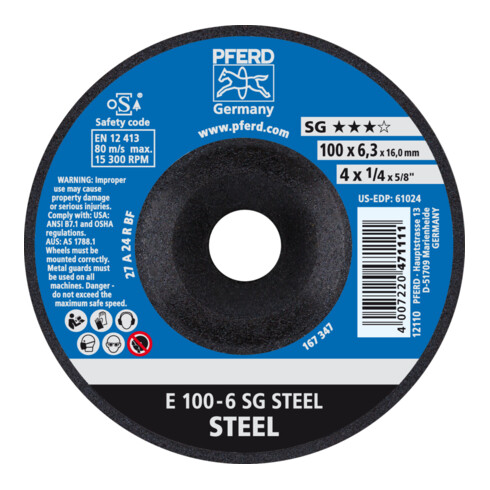 PFERD TOOLS Schruppscheibe E 100x6,3x16 mm Leistungslinie SG STEEL für Stahl