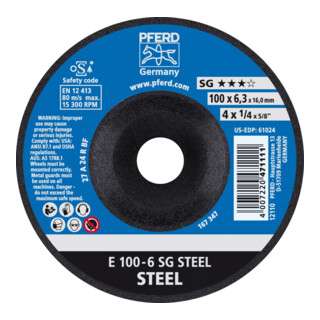 PFERD TOOLS Schruppscheibe E 100x6,3x16 mm Leistungslinie SG STEEL für Stahl
