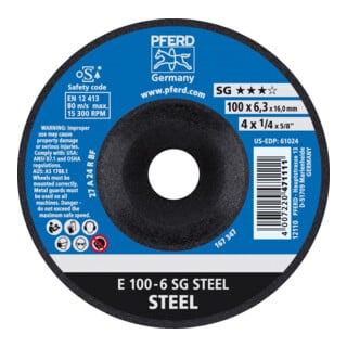 PFERD TOOLS Schruppscheibe E 100x6,3x16 mm Leistungslinie SG STEEL für Stahl