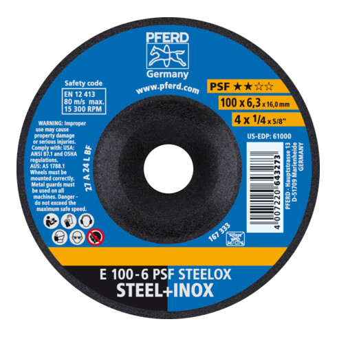 PFERD TOOLS Schruppscheibe E 100x6,3x16 mm Universallinie PSF STEELOX für Stahl/Edelstahl