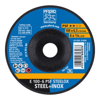 PFERD TOOLS Schruppscheibe E 100x6,3x16 mm Universallinie PSF STEELOX für Stahl/Edelstahl