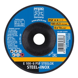 PFERD TOOLS Schruppscheibe E 100x6,3x16 mm Universallinie PSF STEELOX für Stahl/Edelstahl