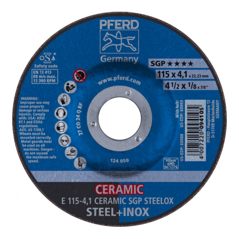 PFERD TOOLS Schruppscheibe E 115x4,1x22,23 mm CERAMIC Leistungslinie SG STEELOX für Stahl/Edelstahl