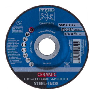 PFERD TOOLS Schruppscheibe E 115x4,1x22,23 mm CERAMIC Leistungslinie SG STEELOX für Stahl/Edelstahl