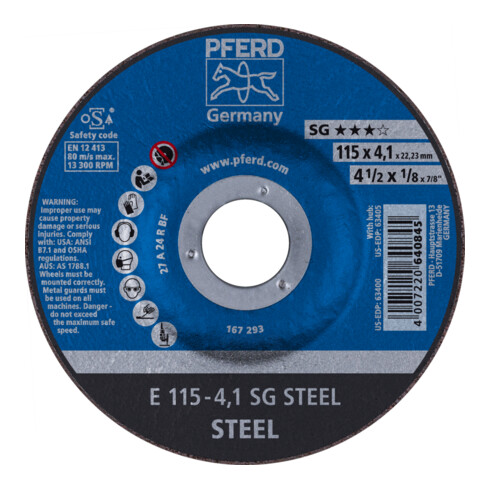 PFERD TOOLS Schruppscheibe E 115x4,1x22,23 mm Leistungslinie SG STEEL für Stahl