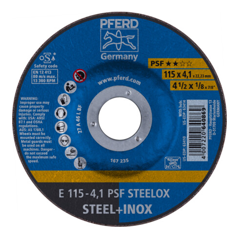 PFERD TOOLS Schruppscheibe E 115x4,1x22,23 mm Universallinie PSF STEELOX für Stahl/Edelstahl