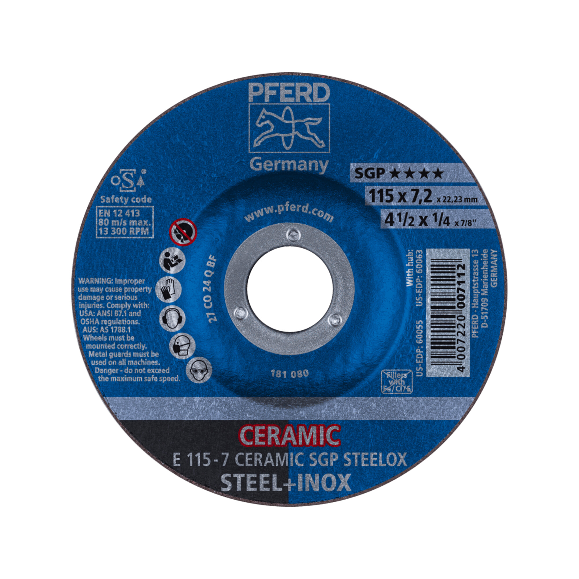 PFERD TOOLS Schruppscheibe E 115x7,2x22,23 mm CERAMIC Leistungslinie SG STEELOX für Stahl/Edelstahl