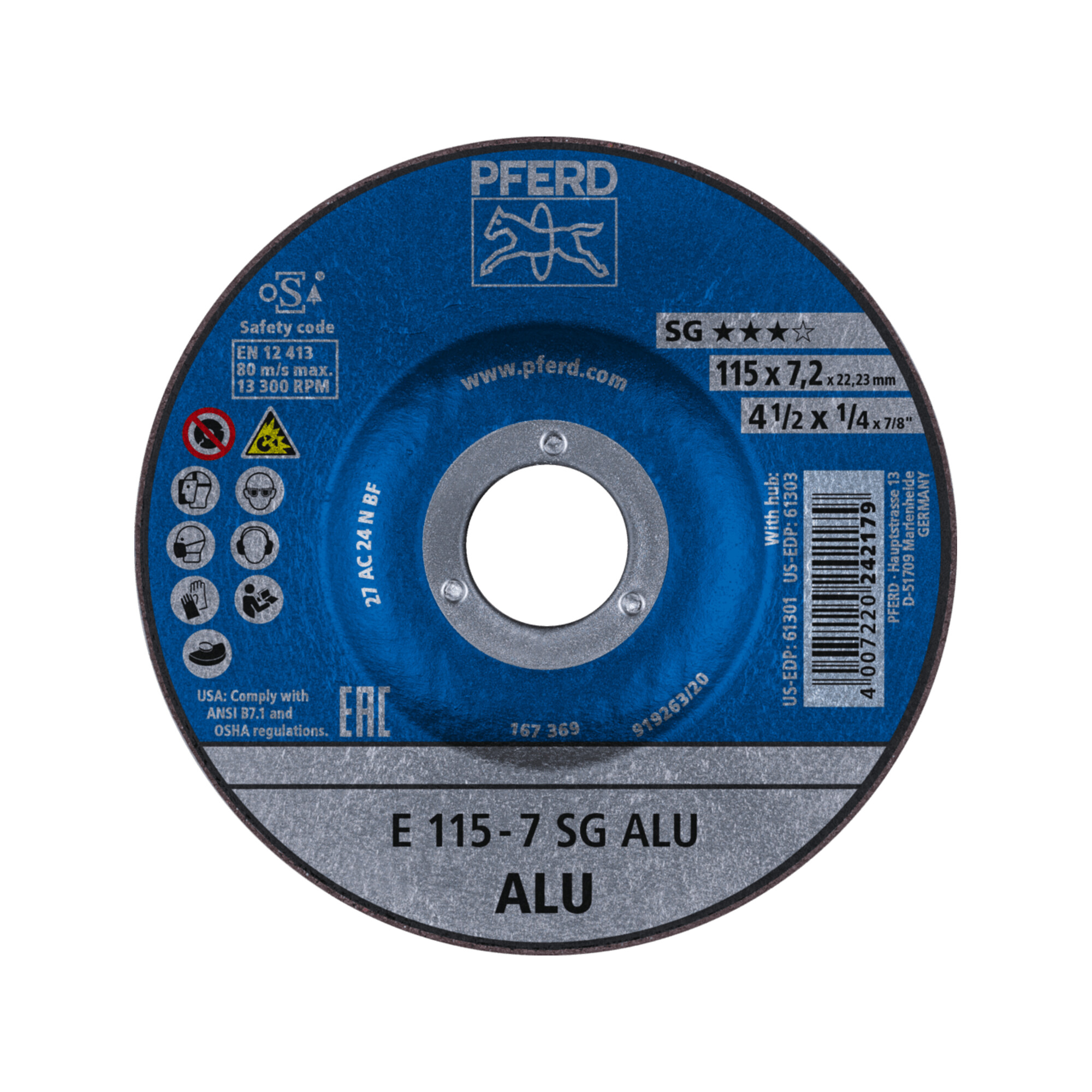 PFERD TOOLS Schruppscheibe E 115x7,2x22,23 mm Leistungslinie SG ALU für Alu