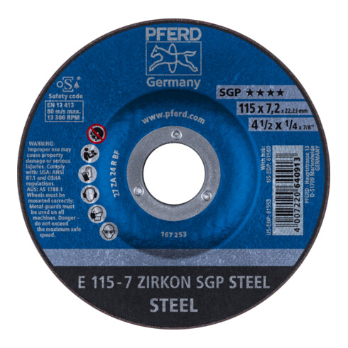 PFERD TOOLS Schruppscheibe E 115x7,2x22,23 mm ZIRKON Speziallinie SGP STEEL für Stahl