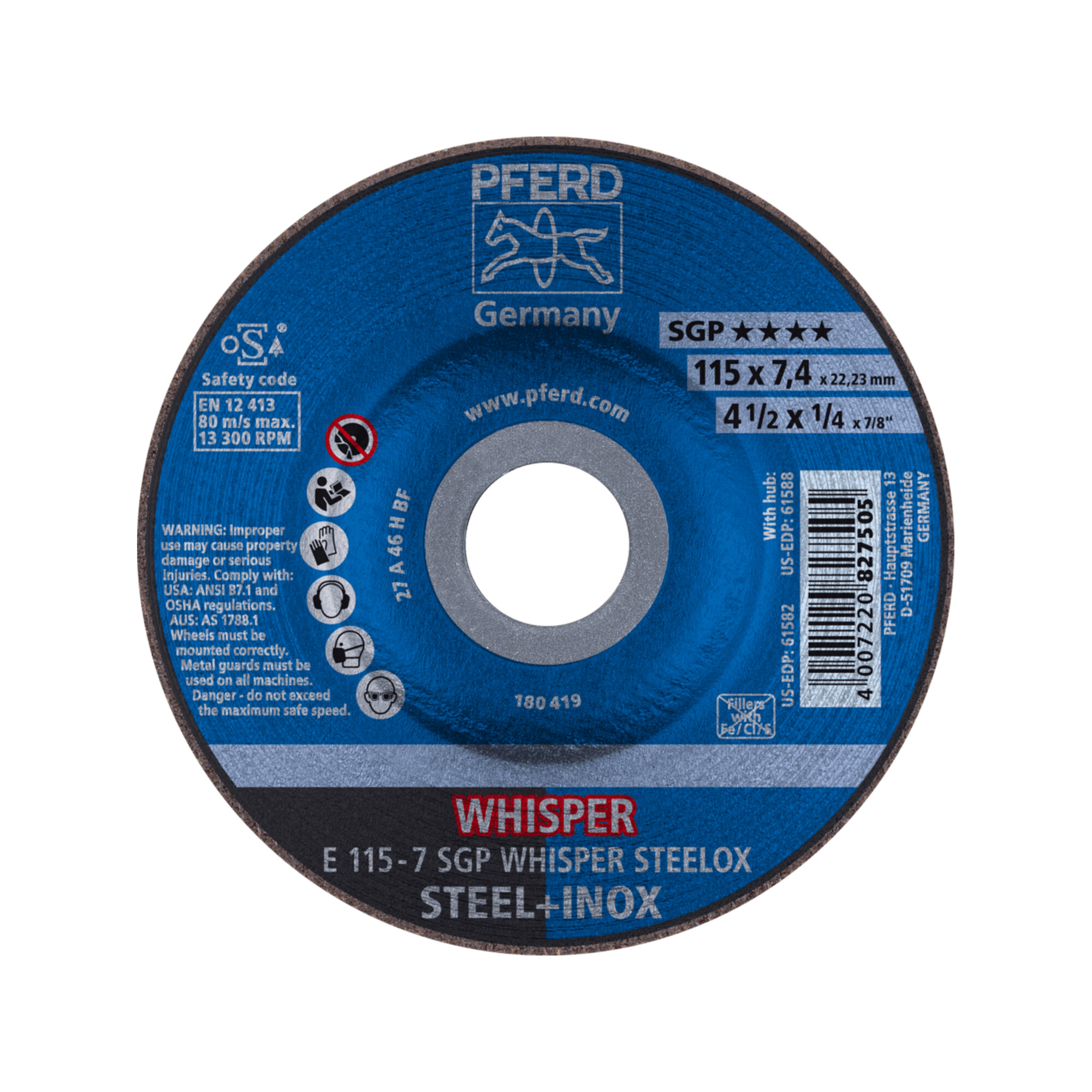 PFERD TOOLS Schruppscheibe E 115x7,4x22,23 mm Speziallinie SGP STEELOX für Stahl/Edelstahl