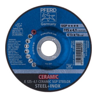 PFERD TOOLS Schruppscheibe E 125x4,1x22,23 mm CERAMIC Leistungslinie SG STEELOX für Stahl/Edelstahl