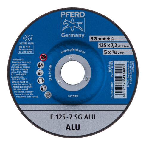 PFERD TOOLS Schruppscheibe E 125x7,2x22,23 mm Leistungslinie SG ALU für Alu