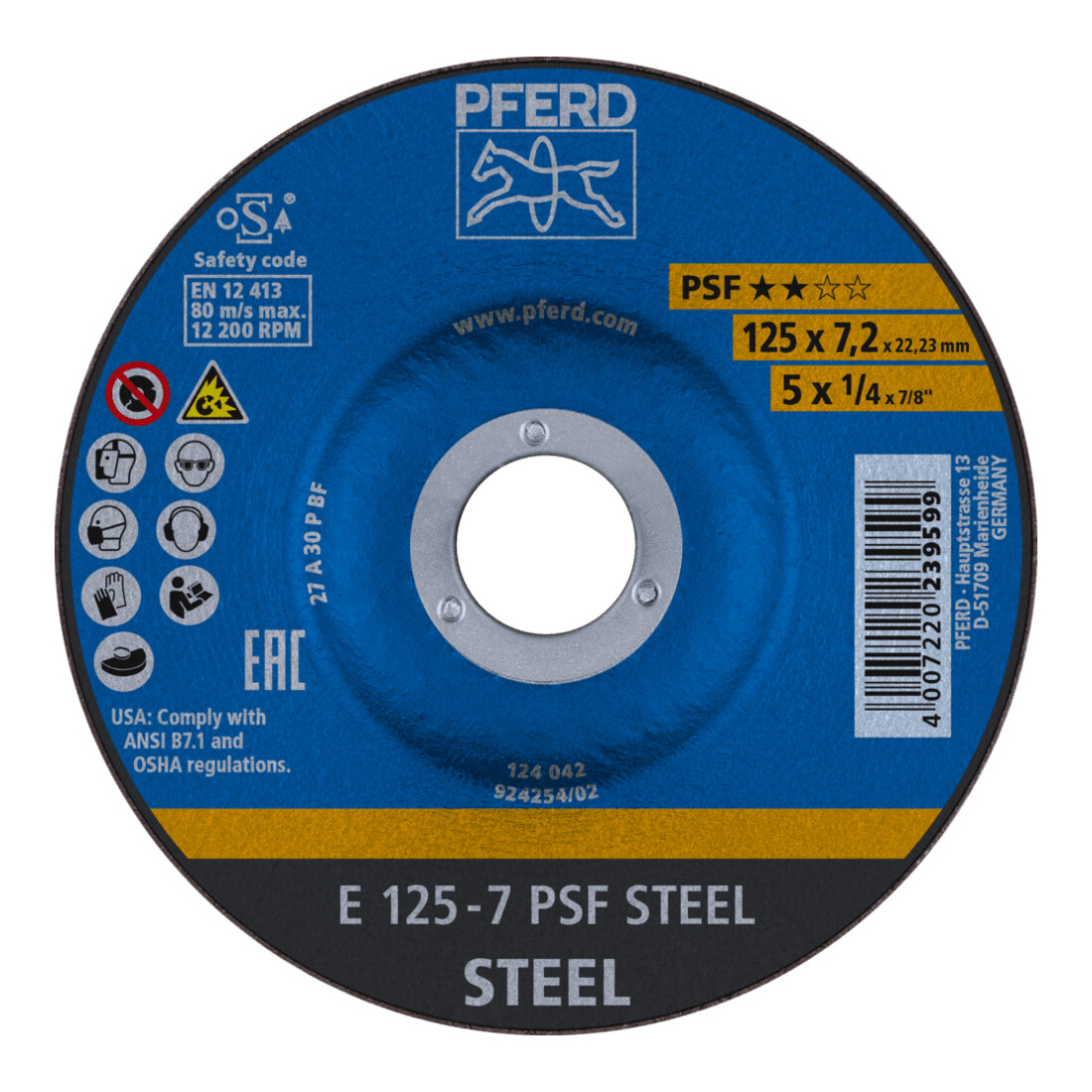PFERD TOOLS Schruppscheibe E 125x7,2x22,23 mm Universallinie PSF STEEL für Stahl