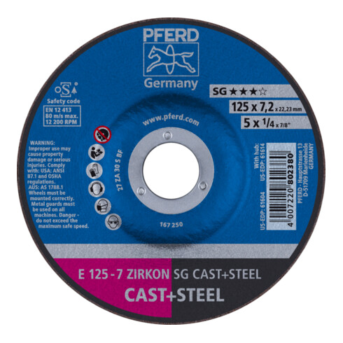 PFERD TOOLS Schruppscheibe E 125x7,2x22,23 mm ZIRKON Leistungslinie SG CAST+STEEL für Guss/Stahl