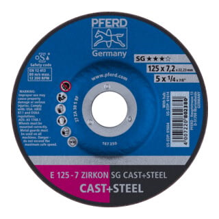 PFERD TOOLS Schruppscheibe E 125x7,2x22,23 mm ZIRKON Leistungslinie SG CAST+STEEL für Guss/Stahl
