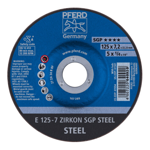 PFERD TOOLS Schruppscheibe E 125x7,2x22,23 mm ZIRKON Speziallinie SGP STEEL für Stahl