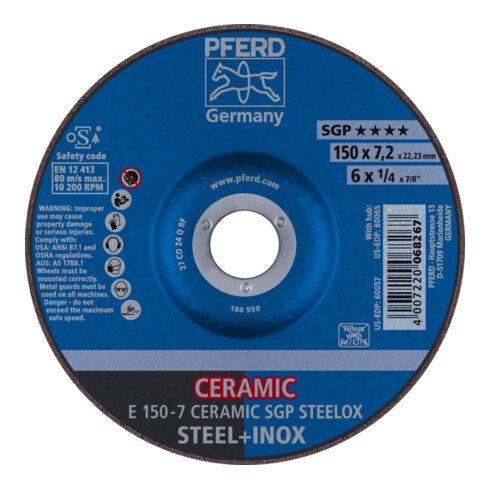 PFERD TOOLS Schruppscheibe E 150x7,2x22,23 mm CERAMIC Leistungslinie SGP STEELOX für Stahl/Edelstahl