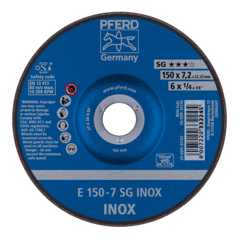 PFERD TOOLS Schruppscheibe E 150x7,2x22,23 mm Leistungslinie SG INOX für Edelstahl