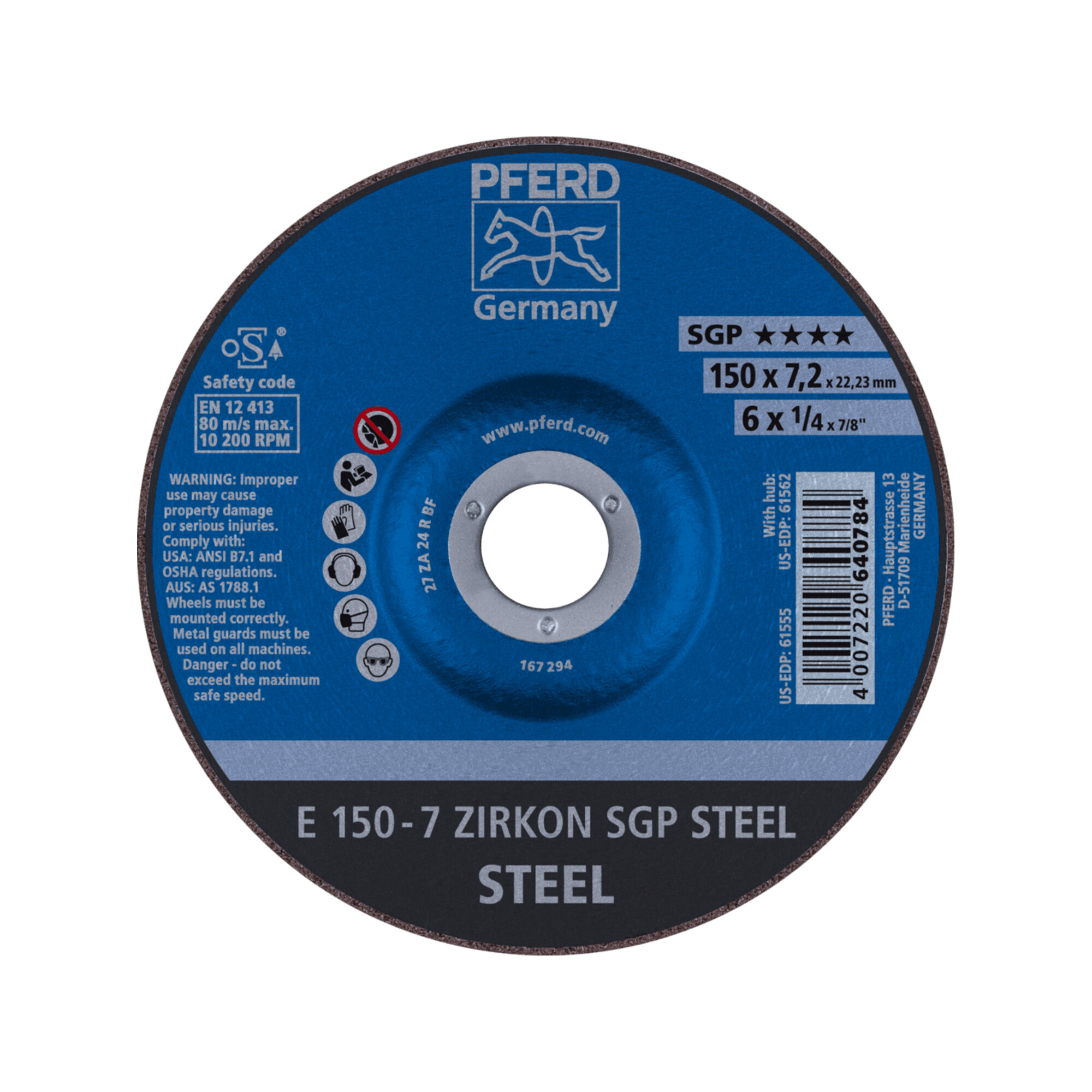 PFERD TOOLS Schruppscheibe E 150x7,2x22,23 mm ZIRKON Speziallinie SGP STEEL für Stahl